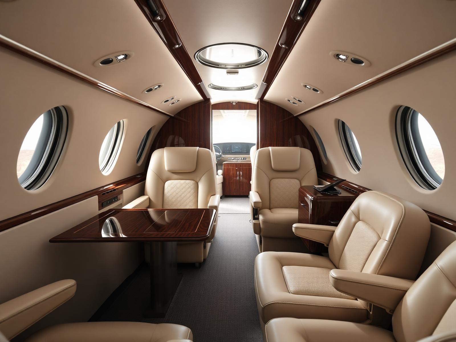 Luxury private jet cabin with cream leather seats and polished wood interior